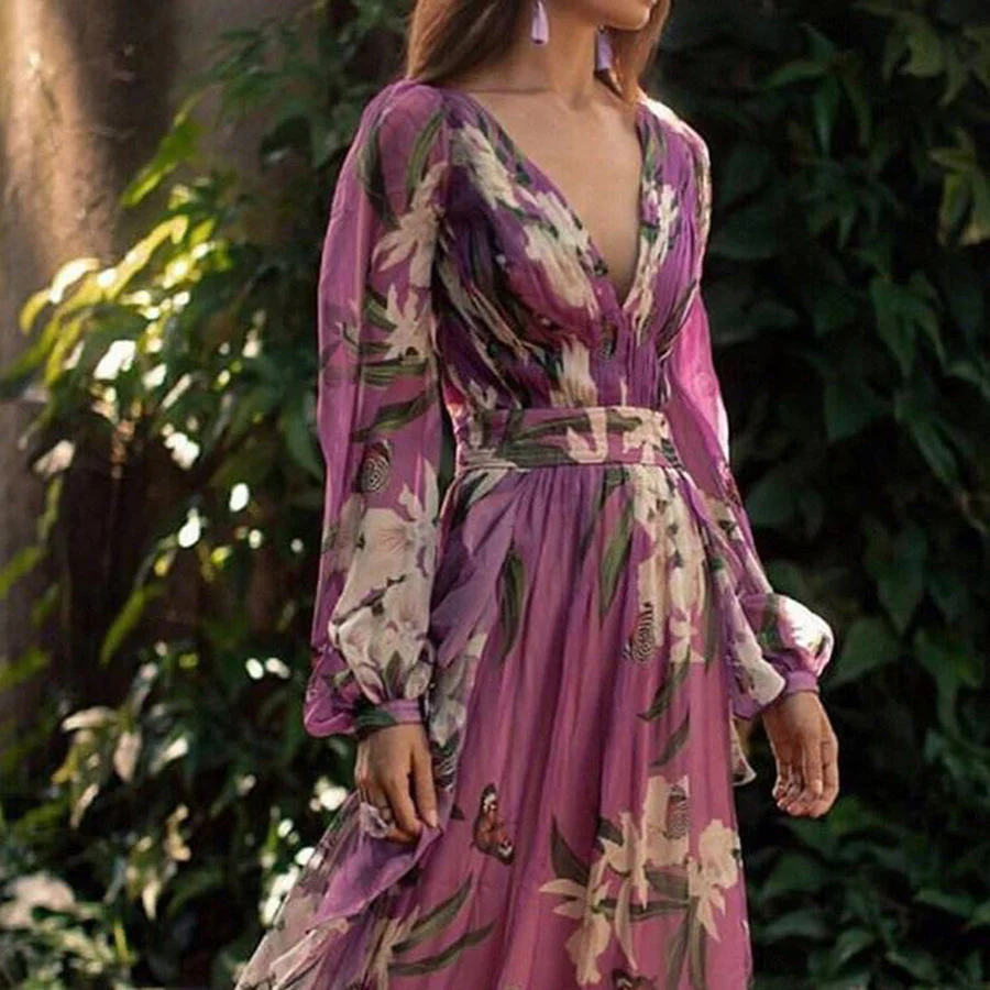 Women's Maxi Dress - V-Neck - Long Sleeves - Floral Print - Waistband - Elegant Fit - Image 2