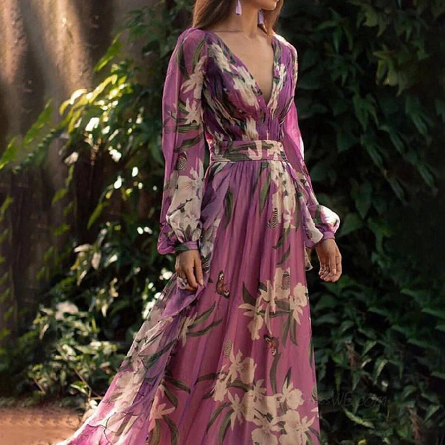 Women's Maxi Dress - V-Neck - Long Sleeves - Floral Print - Waistband - Elegant Fit - Image 3