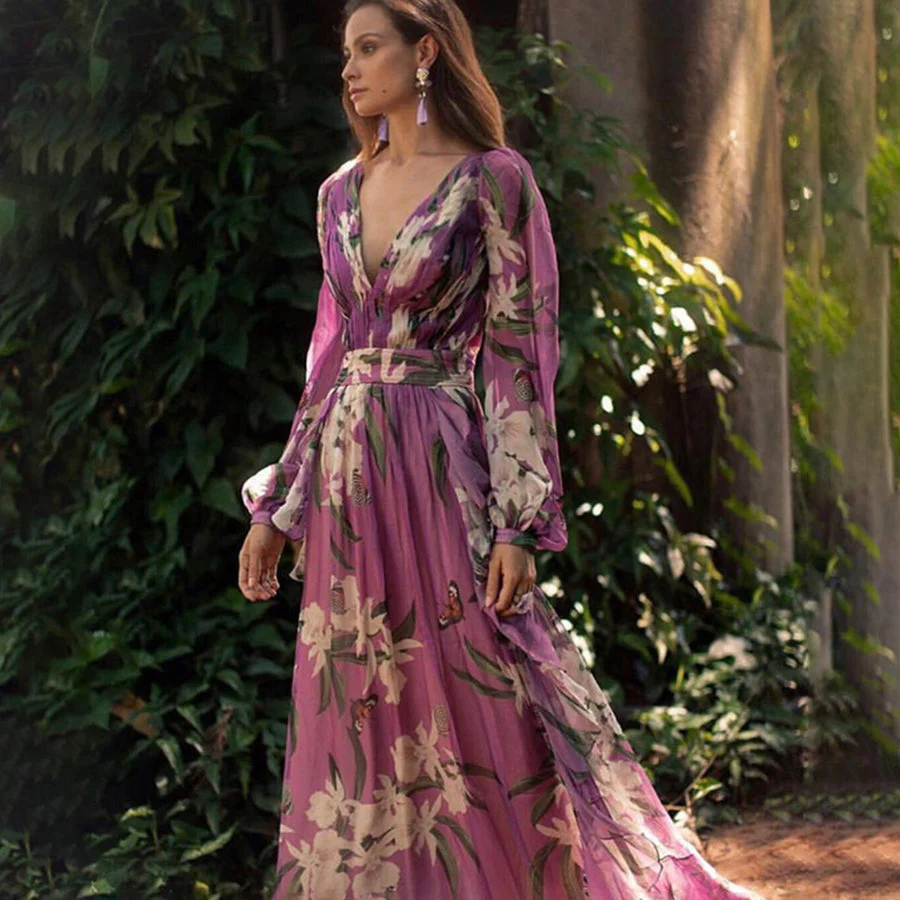 Women's Maxi Dress - V-Neck - Long Sleeves - Floral Print - Waistband - Elegant Fit - Image 4