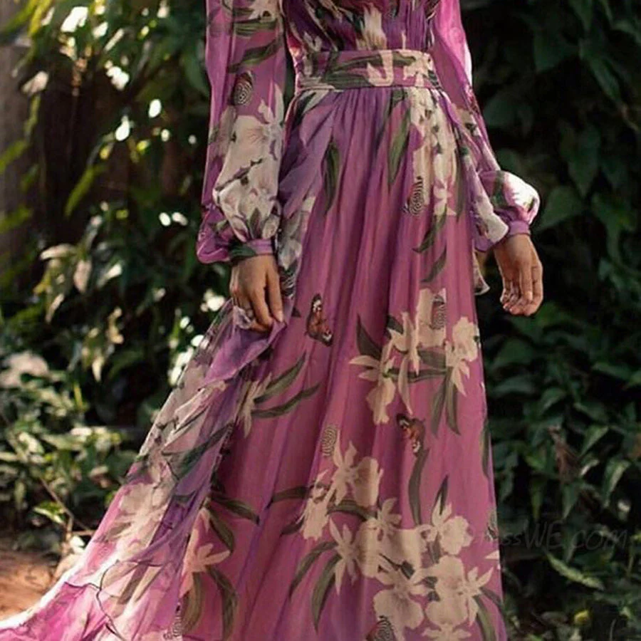 Women's Maxi Dress - V-Neck - Long Sleeves - Floral Print - Waistband - Elegant Fit - Image 5