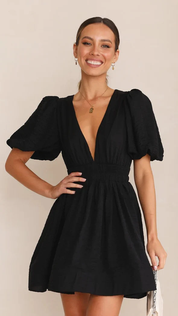 Women's Dress – Short Puff Sleeves – Square Neckline – Stretch Fit – Flared Mini Length - Image 10