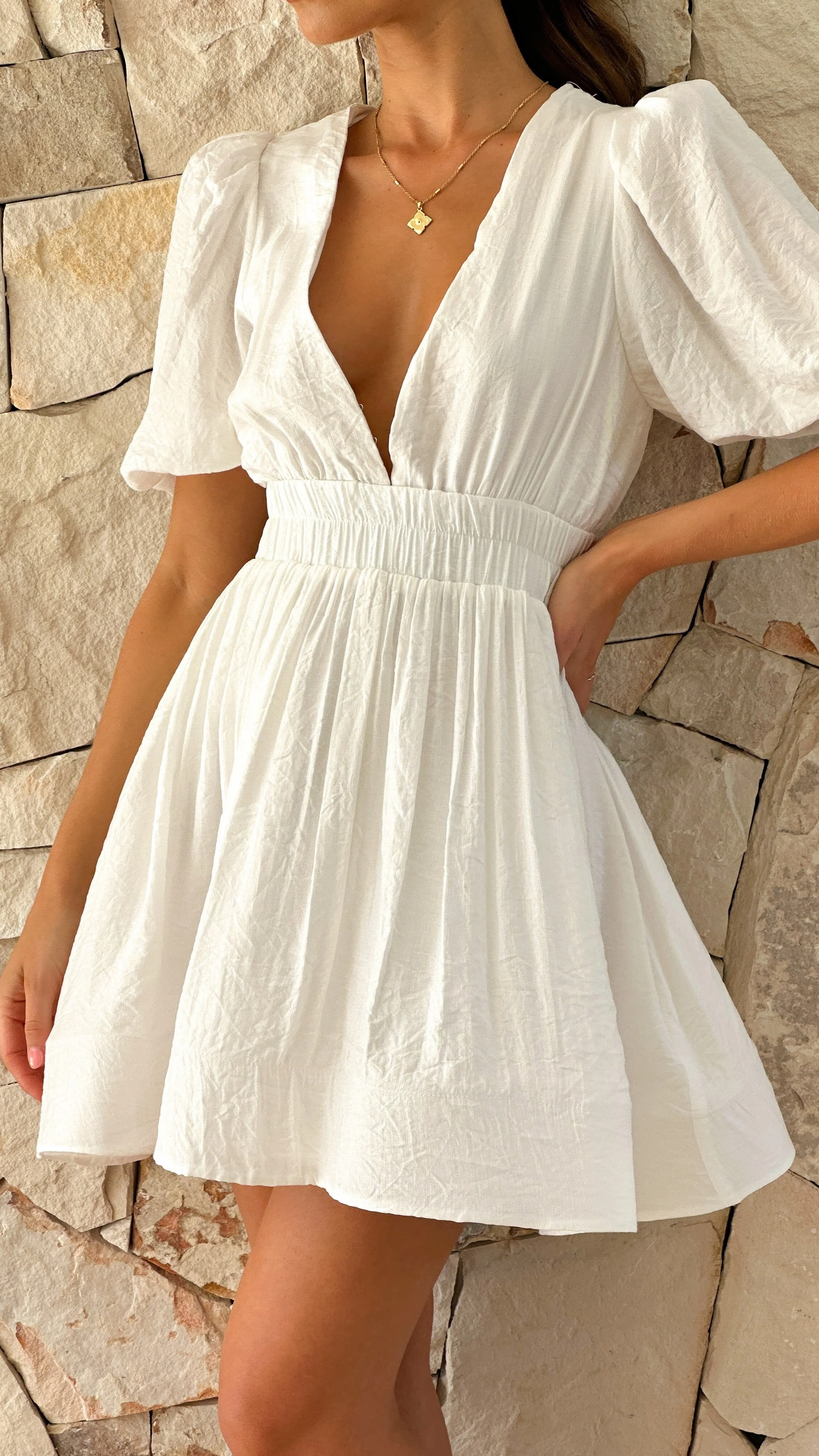 Women's Dress – Short Puff Sleeves – Square Neckline – Stretch Fit – Flared Mini Length - Image 2