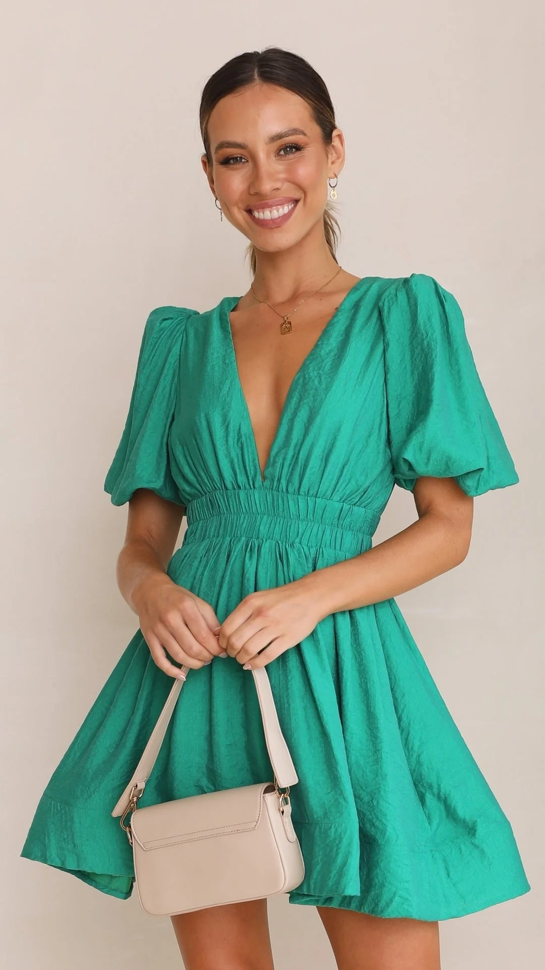 Women's Dress – Short Puff Sleeves – Square Neckline – Stretch Fit – Flared Mini Length - Image 4