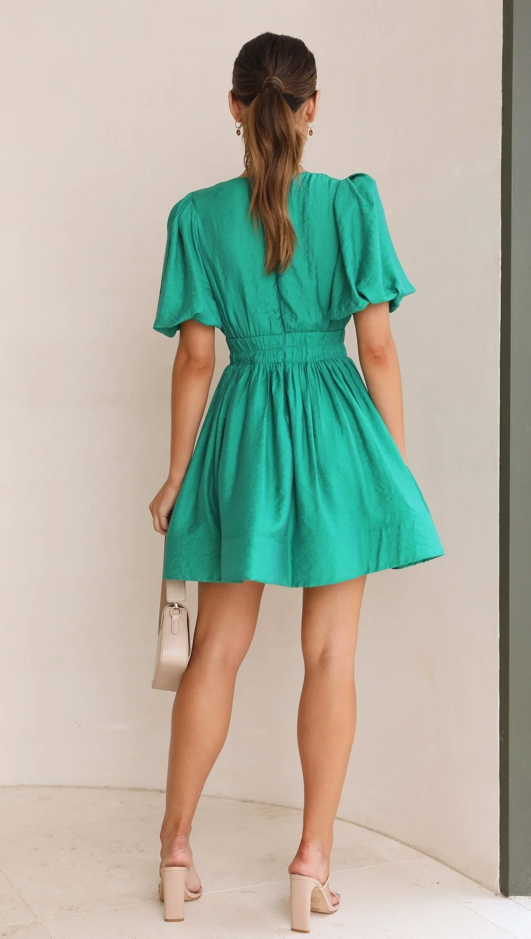 Women's Dress – Short Puff Sleeves – Square Neckline – Stretch Fit – Flared Mini Length - Image 5