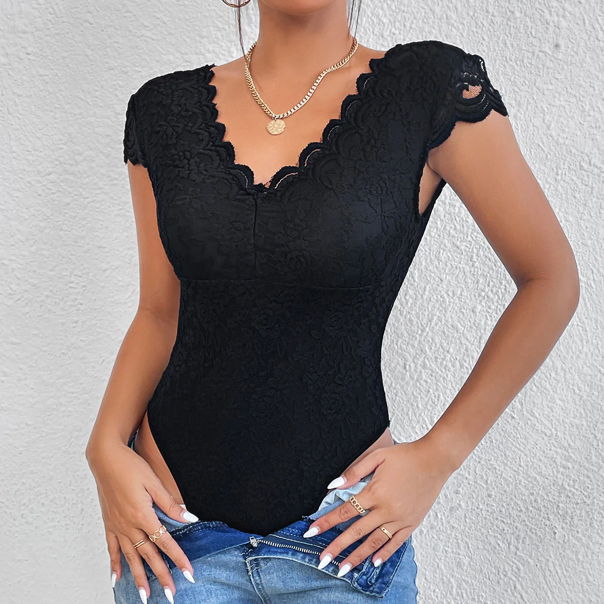 Maeve - Elegant Body Suit with Lace Sleeves and V-neck - Image 10