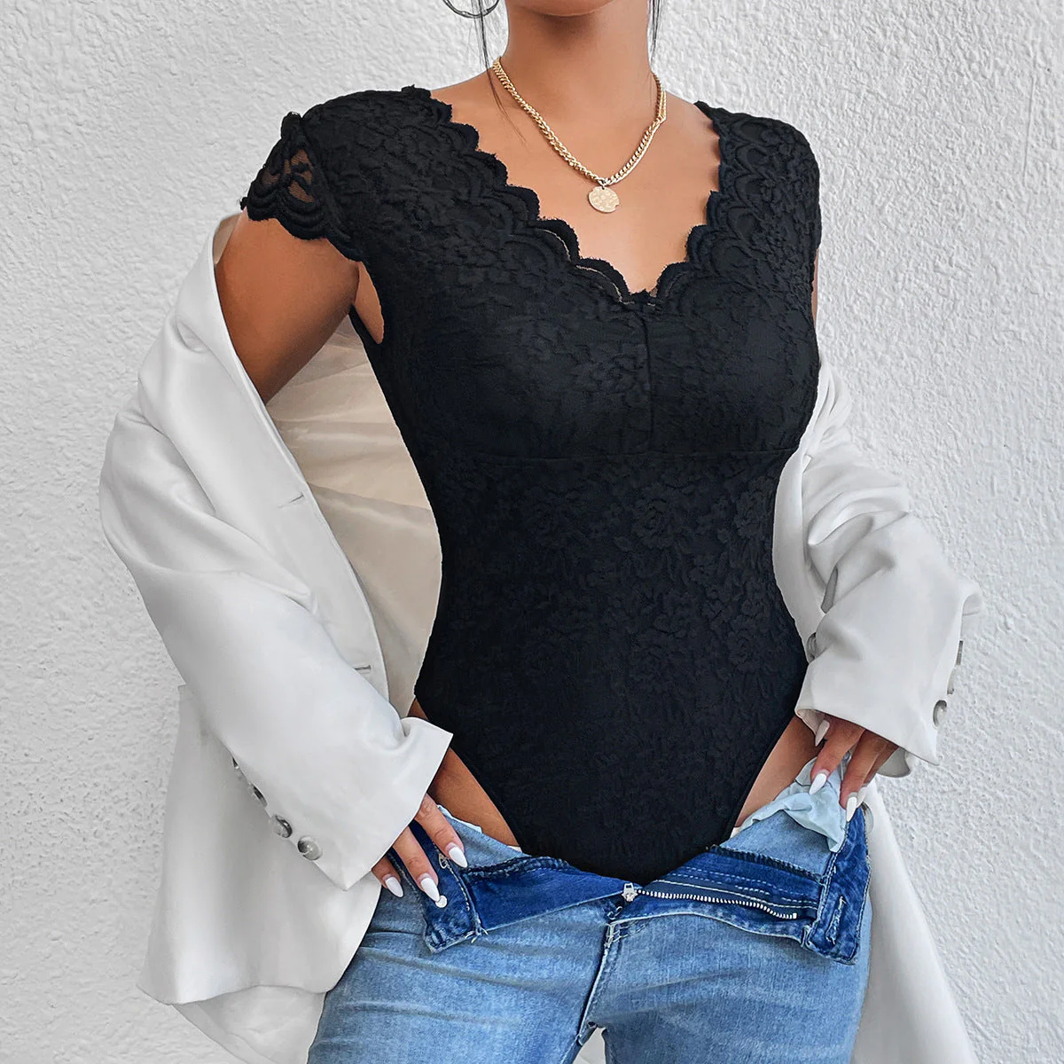 Maeve - Elegant Body Suit with Lace Sleeves and V-neck - Image 13