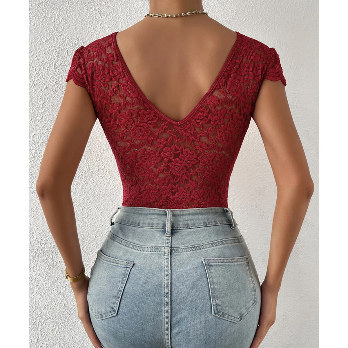 Maeve - Elegant Body Suit with Lace Sleeves and V-neck - Image 15