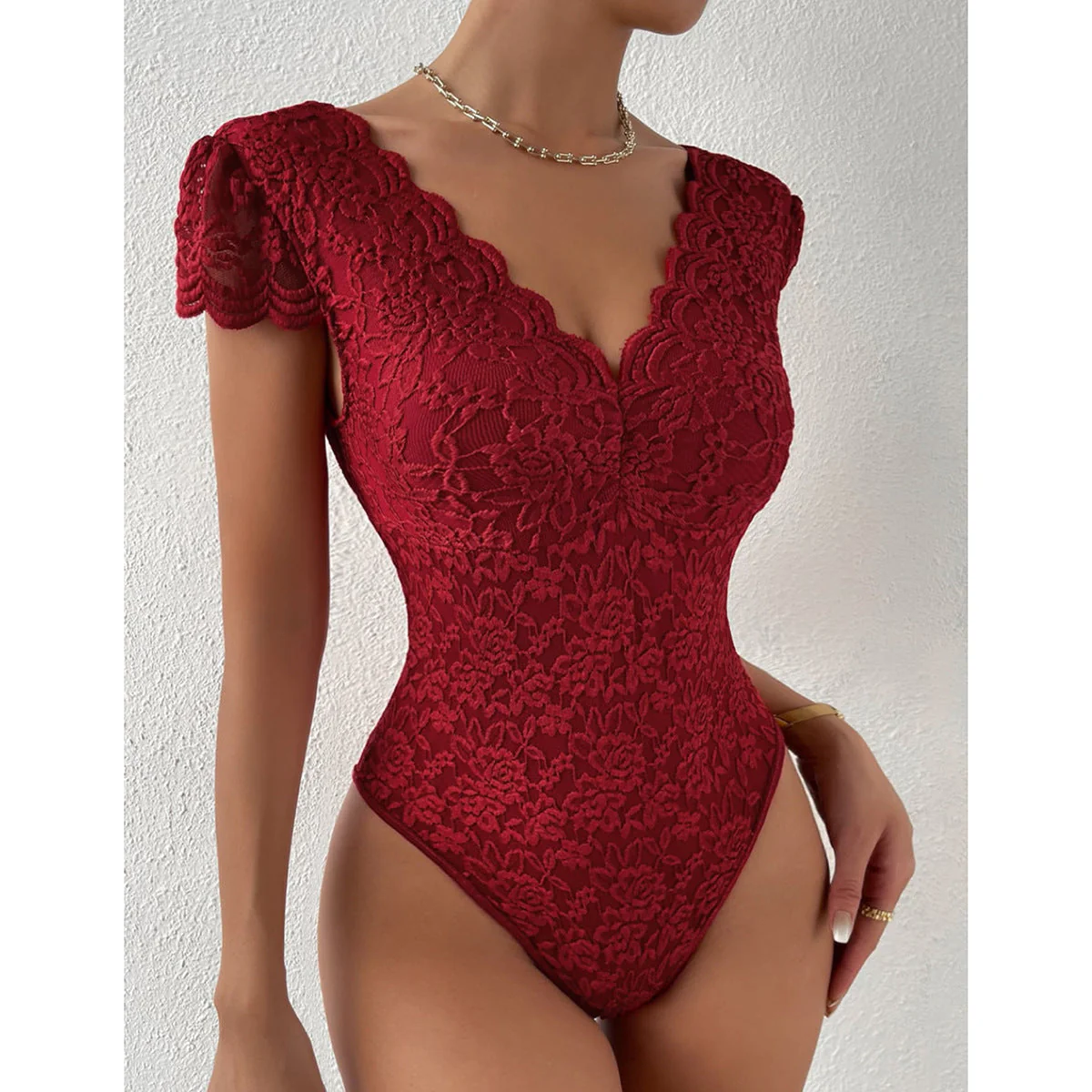 Maeve - Elegant Body Suit with Lace Sleeves and V-neck - Image 6