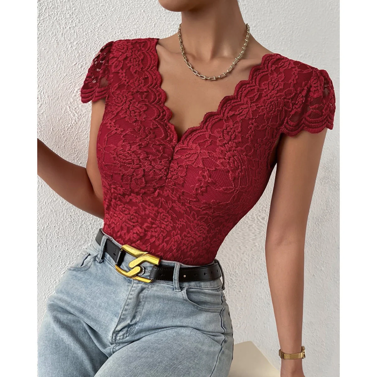Maeve - Elegant Body Suit with Lace Sleeves and V-neck - Image 8