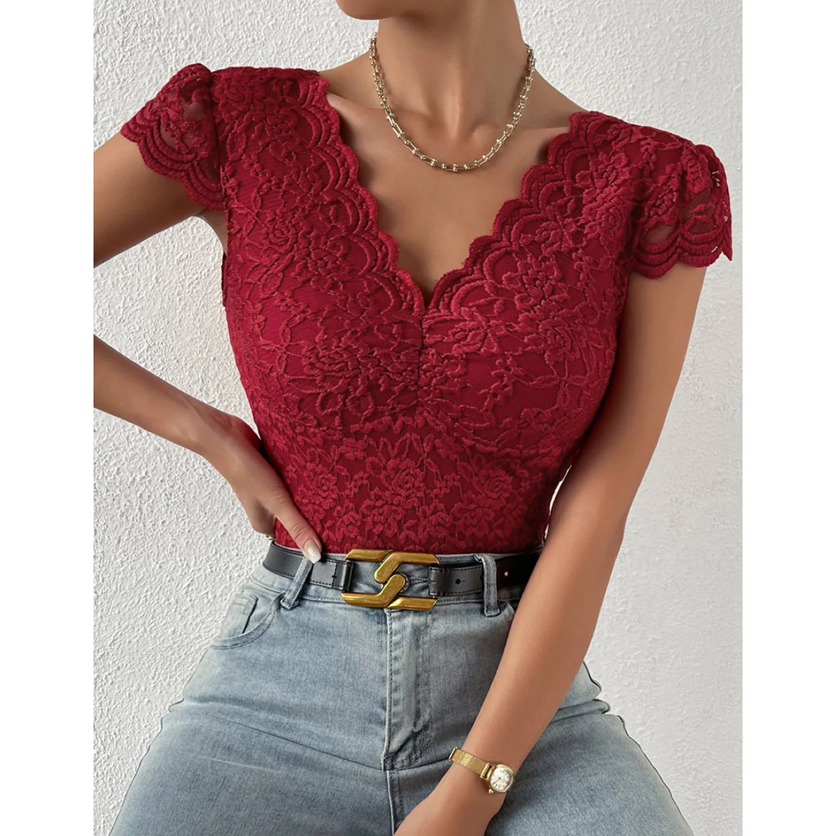 Maeve - Elegant Body Suit with Lace Sleeves and V-neck - Image 9