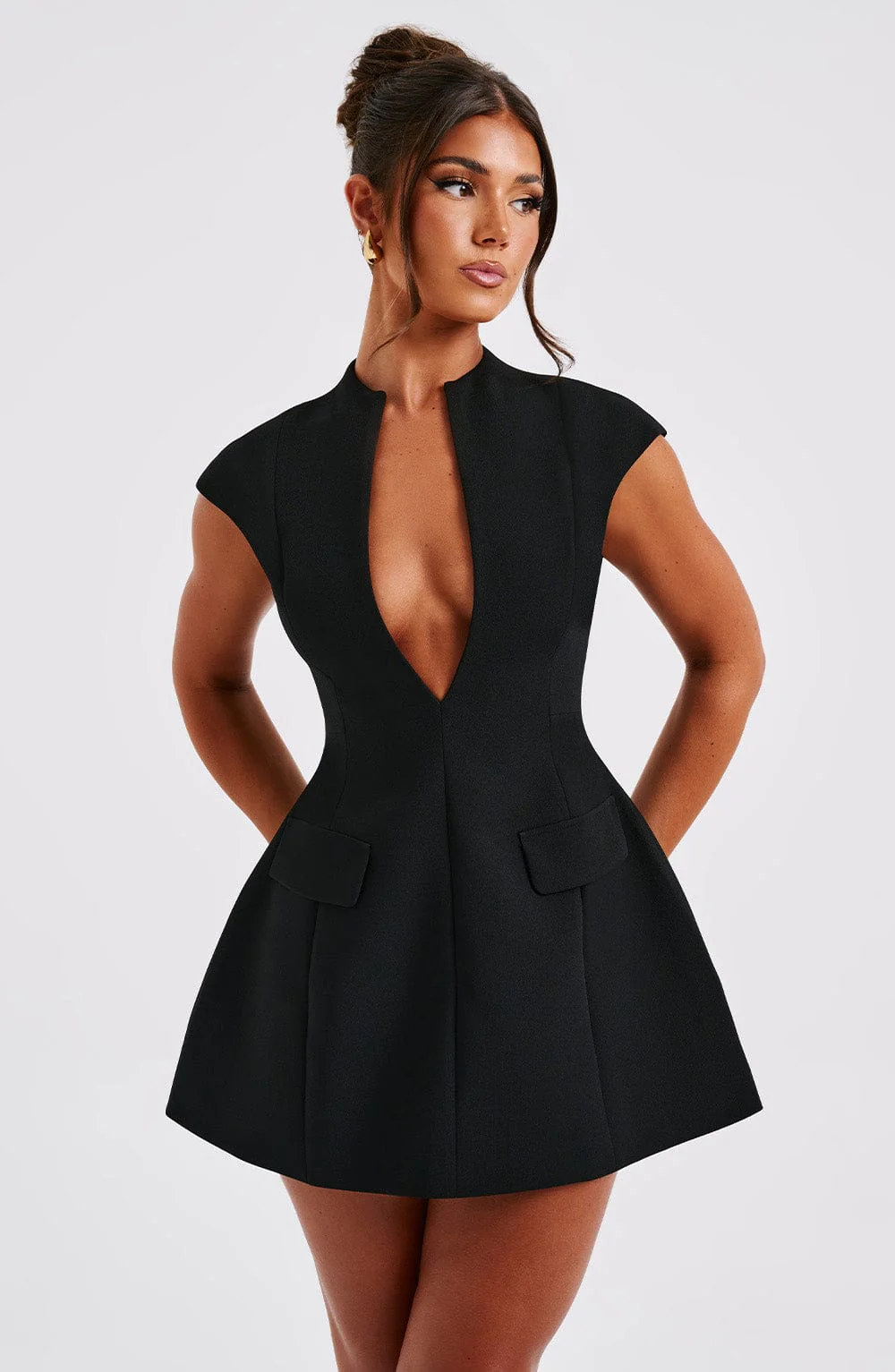 Women's Dress - Elegant Mini Fit & Flare - Low Neckline - Short Sleeves - Evening Wear - Image 5