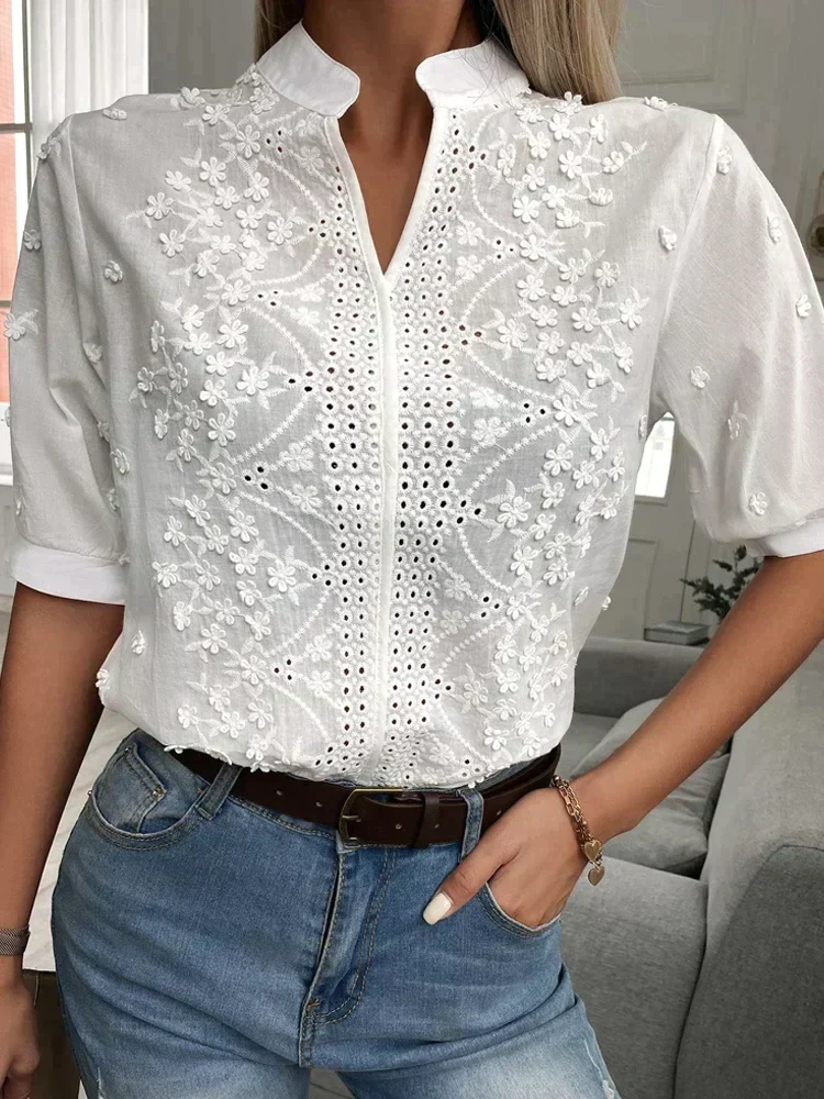 Ladies Blouse - Lightweight Cotton - Embroidered - Regular Fit - Mao Collar - Three-Quarter Sleeves - Image 2