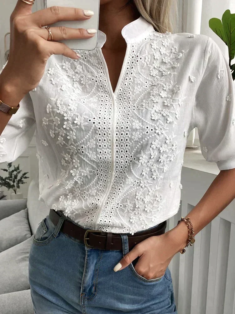 Ladies Blouse - Lightweight Cotton - Embroidered - Regular Fit - Mao Collar - Three-Quarter Sleeves - Image 3