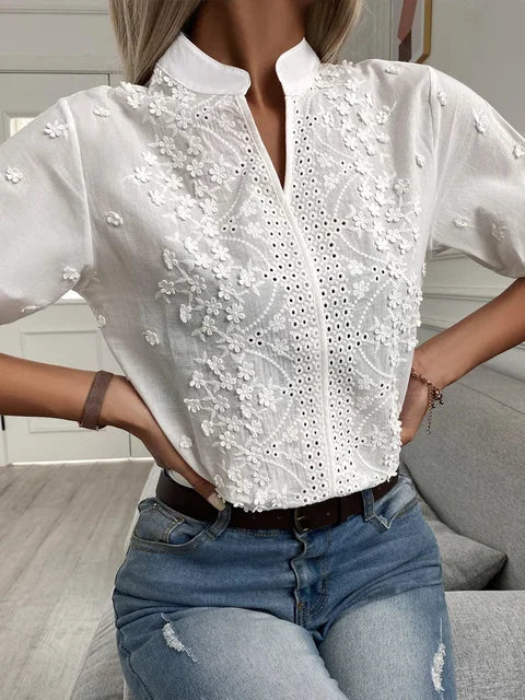 Ladies Blouse - Lightweight Cotton - Embroidered - Regular Fit - Mao Collar - Three-Quarter Sleeves - Image 5