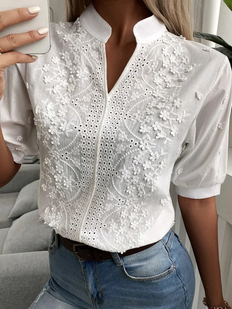 Ladies Blouse - Lightweight Cotton - Embroidered - Regular Fit - Mao Collar - Three-Quarter Sleeves - Image 6