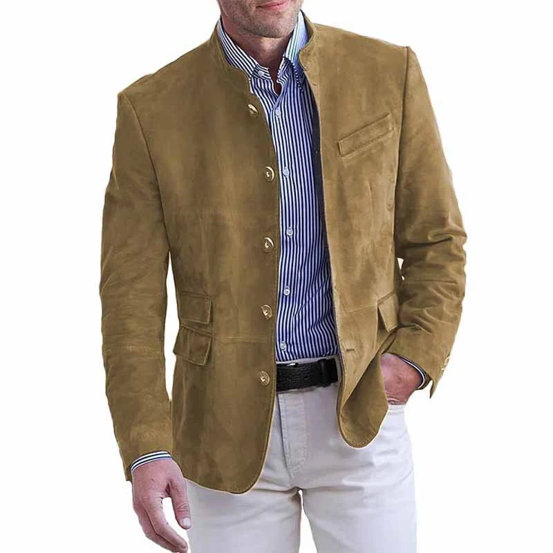 Men's Suede Jacket – Stand Collar – Regular Fit – Button Closure – Hip Length - Image 2