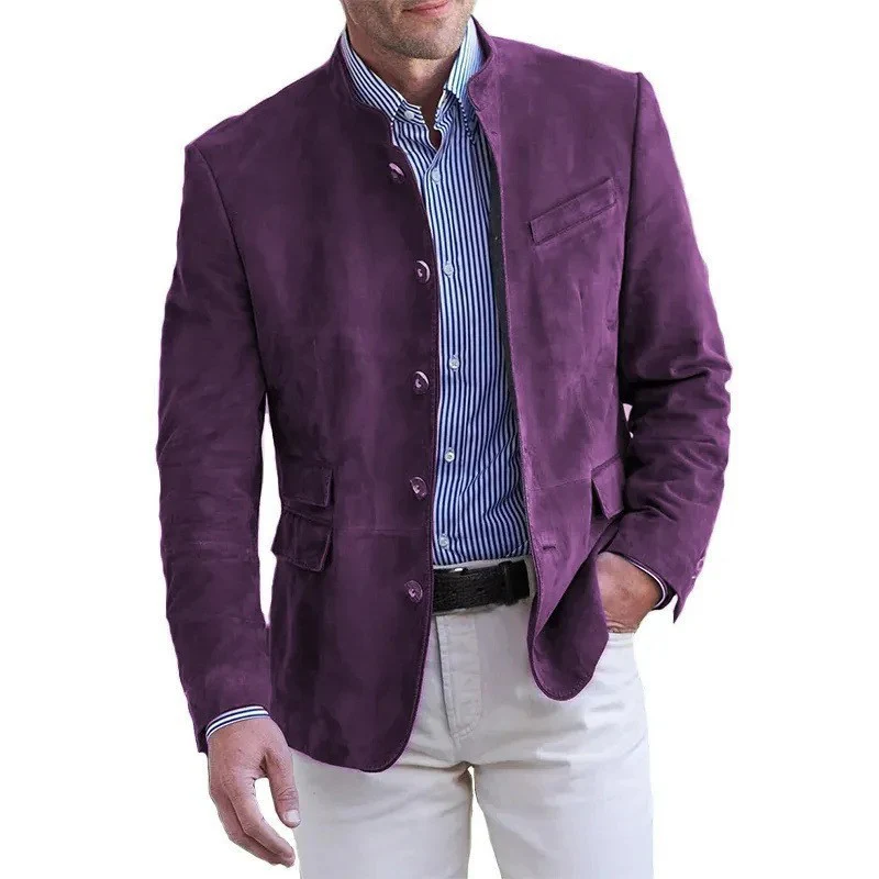 Men's Suede Jacket – Stand Collar – Regular Fit – Button Closure – Hip Length - Image 3