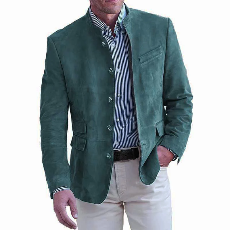 Men's Suede Jacket – Stand Collar – Regular Fit – Button Closure – Hip Length - Image 4