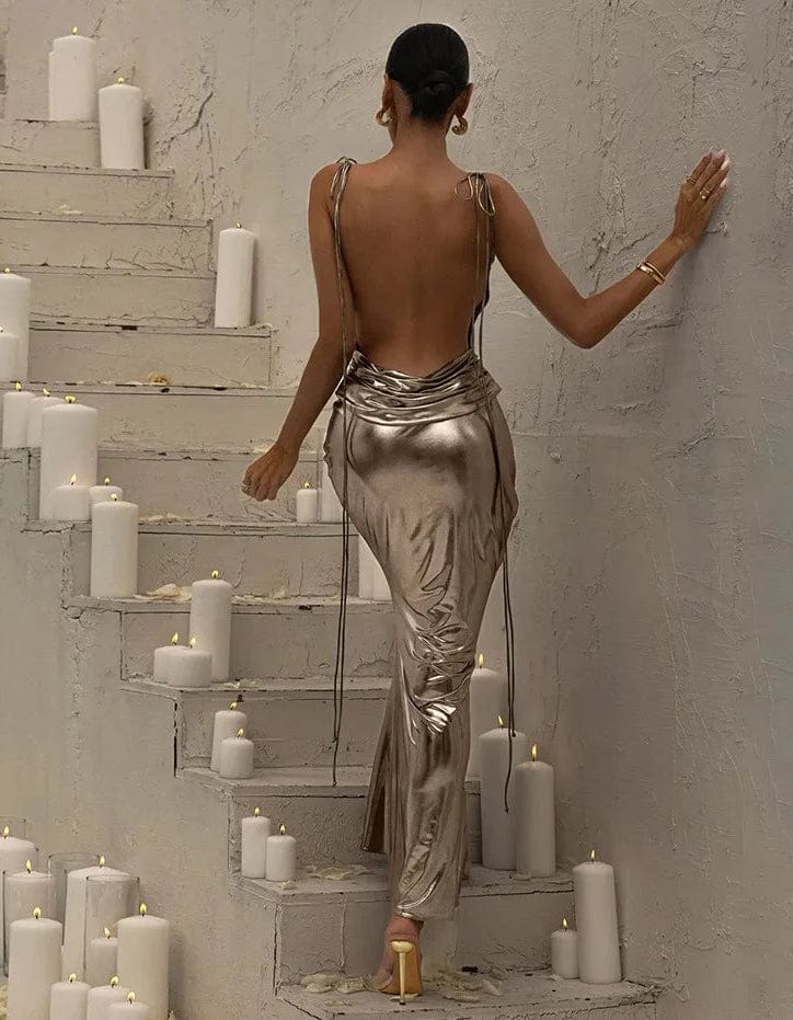 Metallic evening dress with open back and waterfall neckline - Image 2