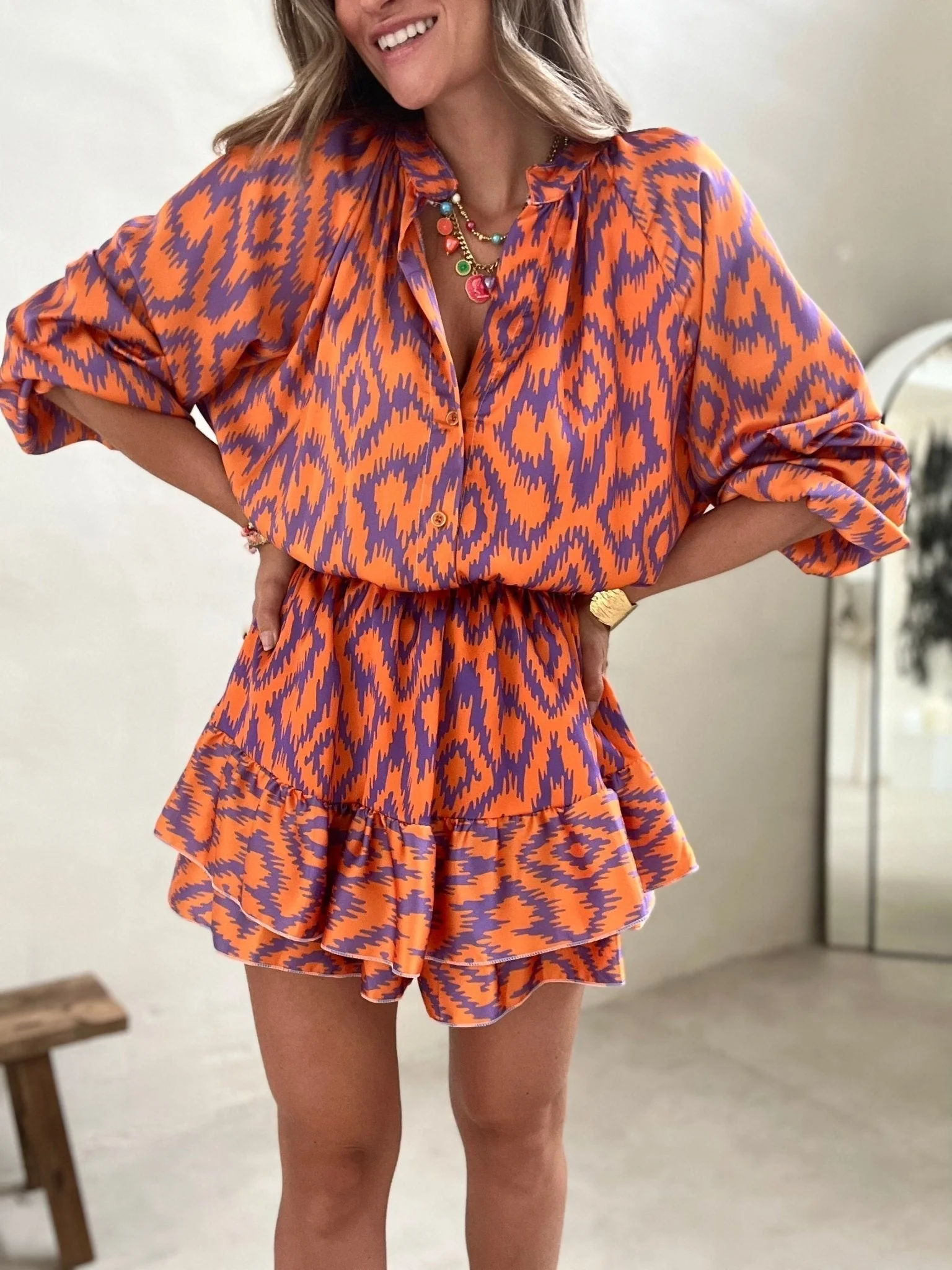 Women's Dress - Collar and Buttons - Geometric Pattern - Ruffled Hem - Airy Fit - Image 3