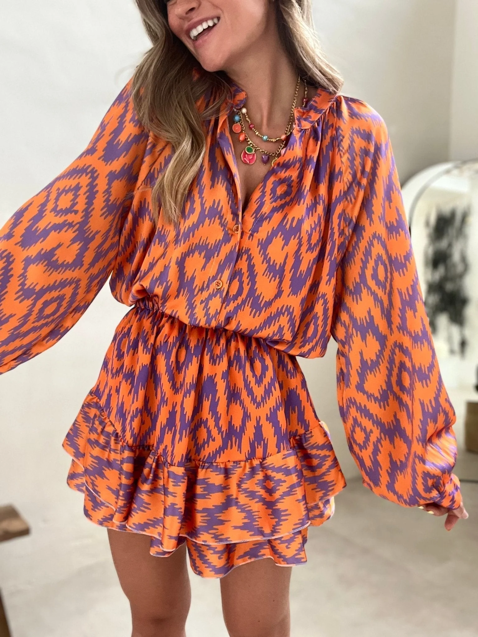 Women's Dress - Collar and Buttons - Geometric Pattern - Ruffled Hem - Airy Fit - Image 4