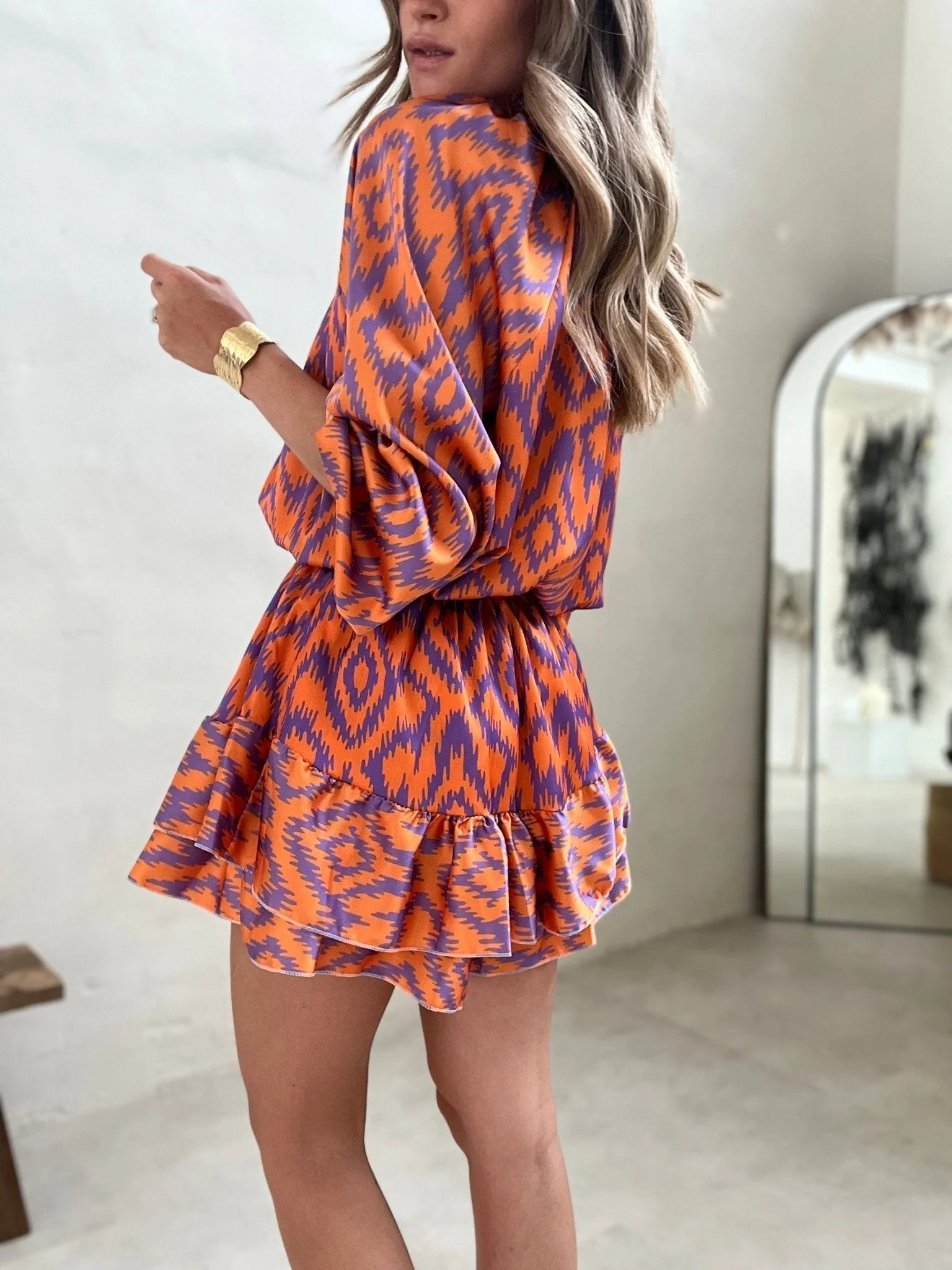 Women's Dress - Collar and Buttons - Geometric Pattern - Ruffled Hem - Airy Fit - Image 5