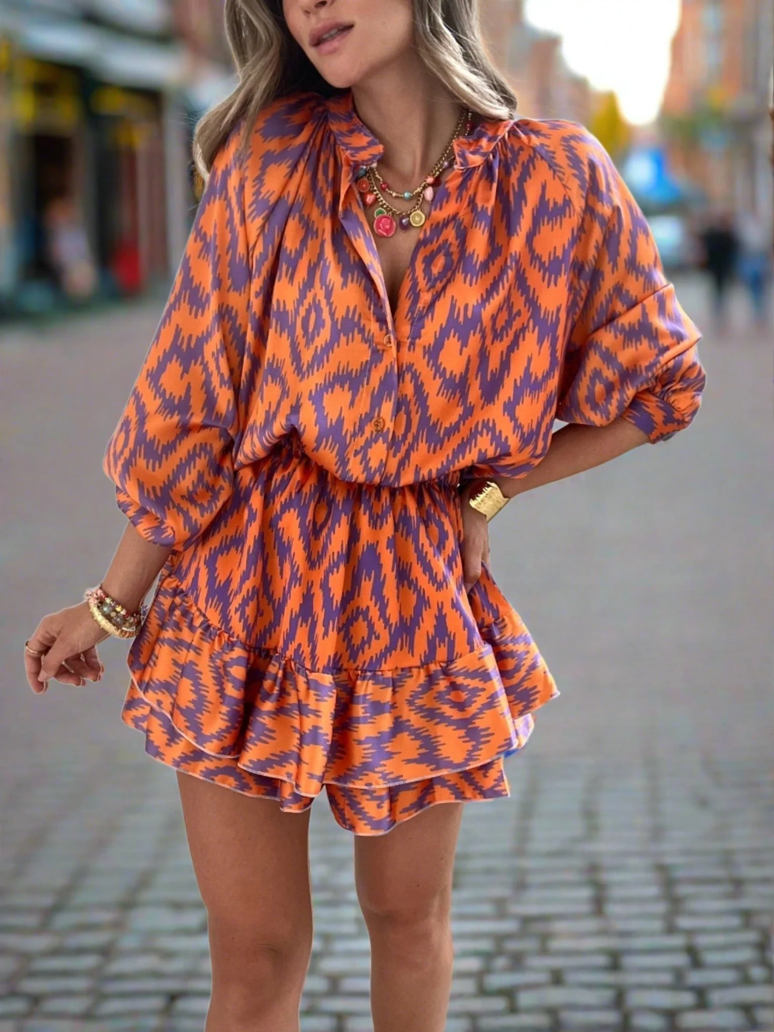 Women's Dress - Collar and Buttons - Geometric Pattern - Ruffled Hem - Airy Fit - Image 6