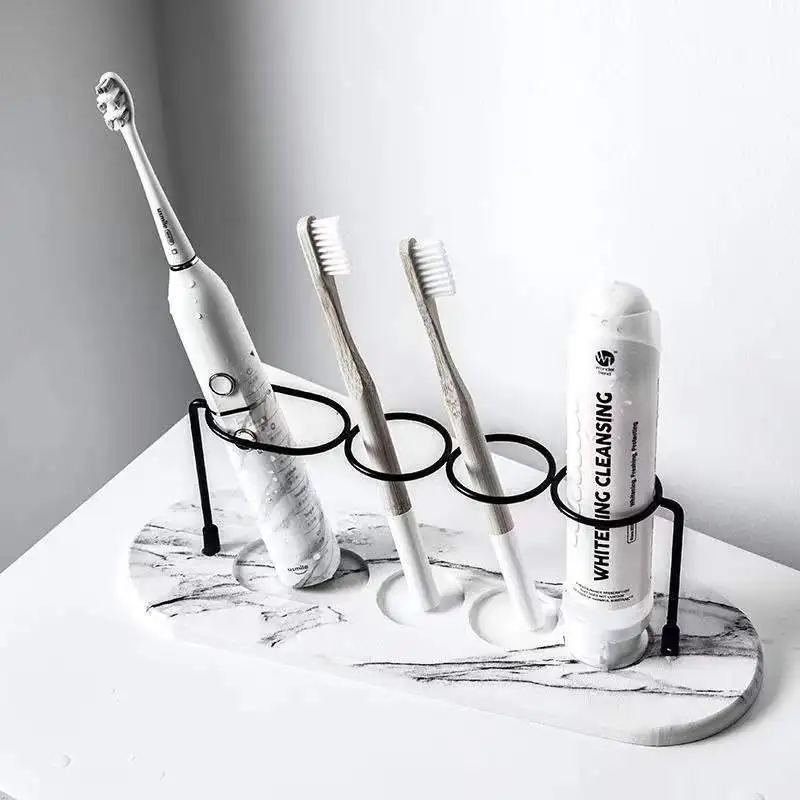 Minimalist Marble Base Toothbrush Holder With Metal Loop Slots - Image 2