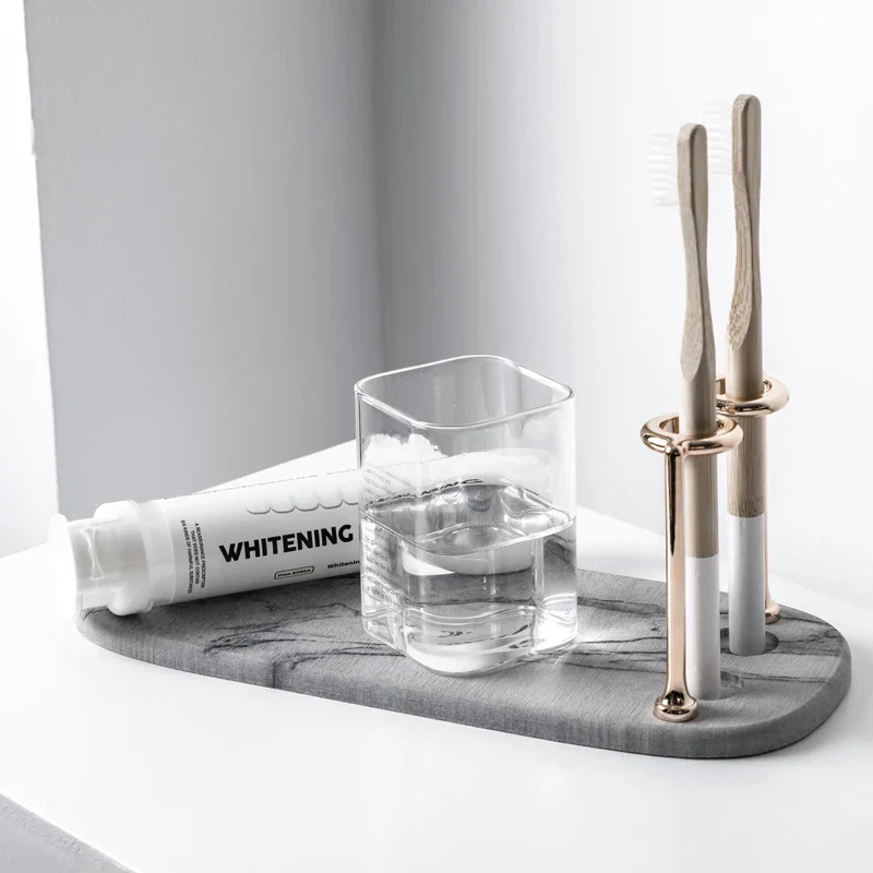 Minimalist Marble Base Toothbrush Holder With Metal Loop Slots - Image 3