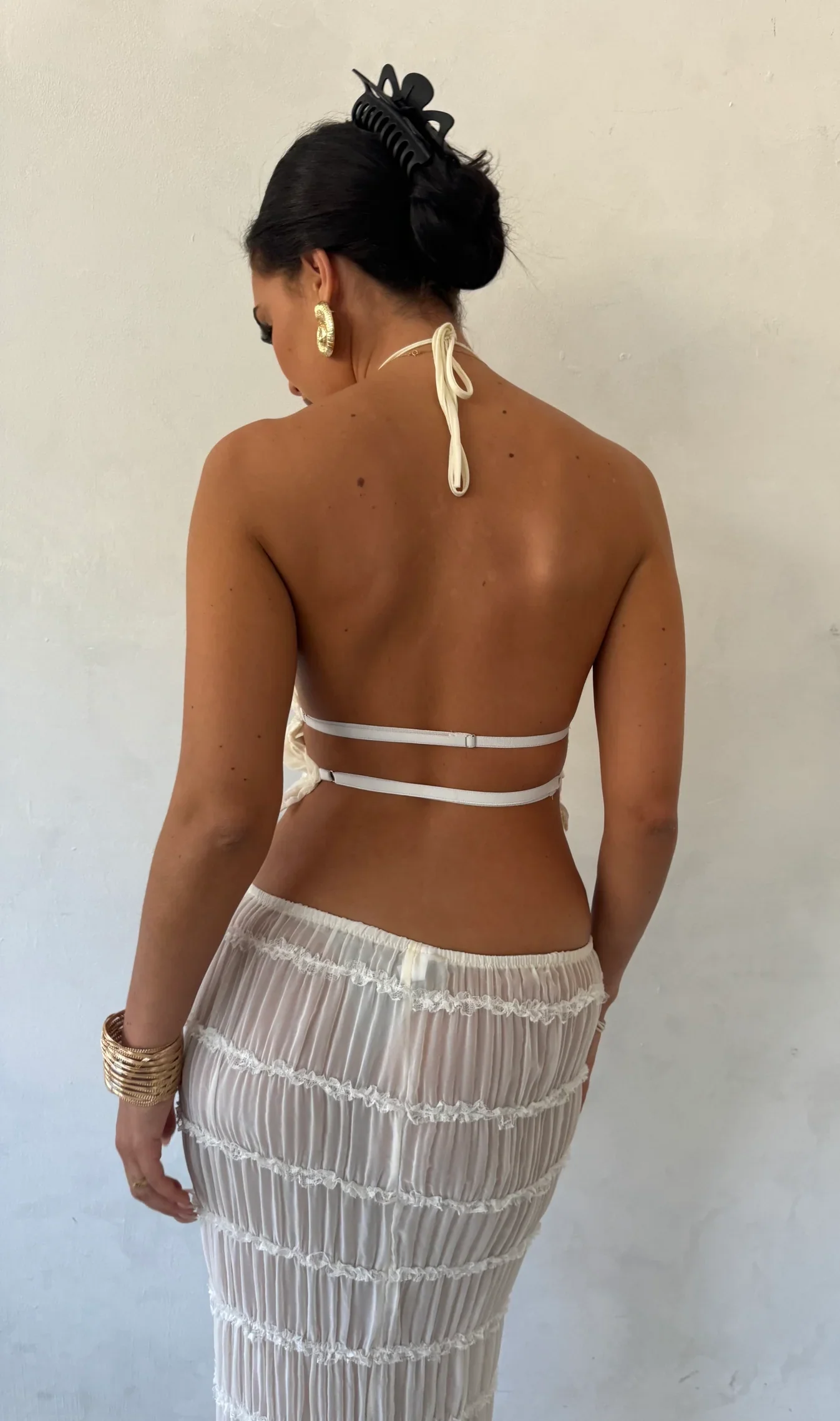 Women's Two-Piece Set – Airy Halter Crop Top – Maxi Skirt with Ruffles and Tie Closure - Image 3
