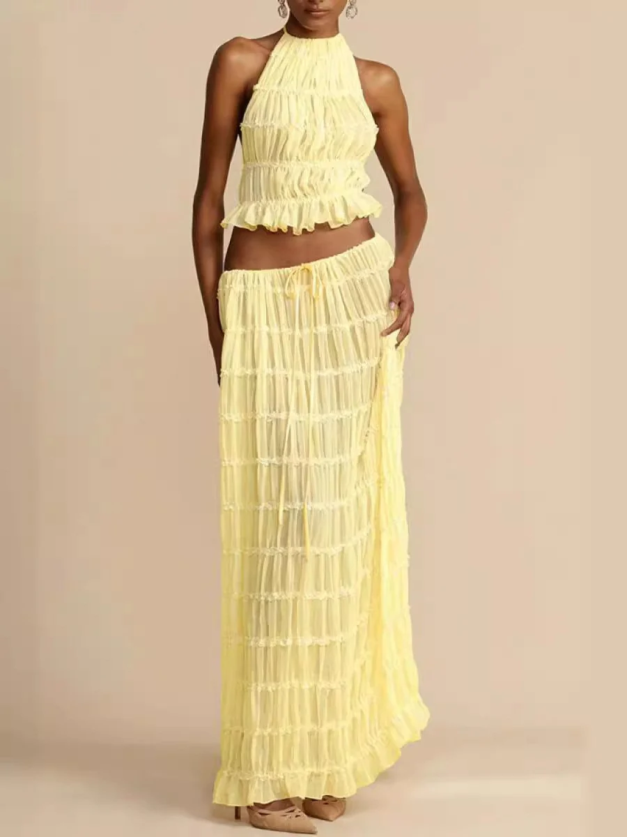 Women's Two-Piece Set – Airy Halter Crop Top – Maxi Skirt with Ruffles and Tie Closure - Image 6