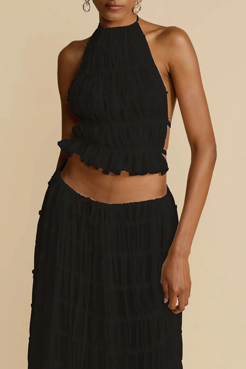Women's Two-Piece Set – Airy Halter Crop Top – Maxi Skirt with Ruffles and Tie Closure - Image 7