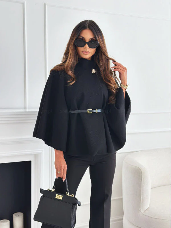 Ladies Cape Coat - Elegant Fit - High Neckline - With Waist Belt - Image 2