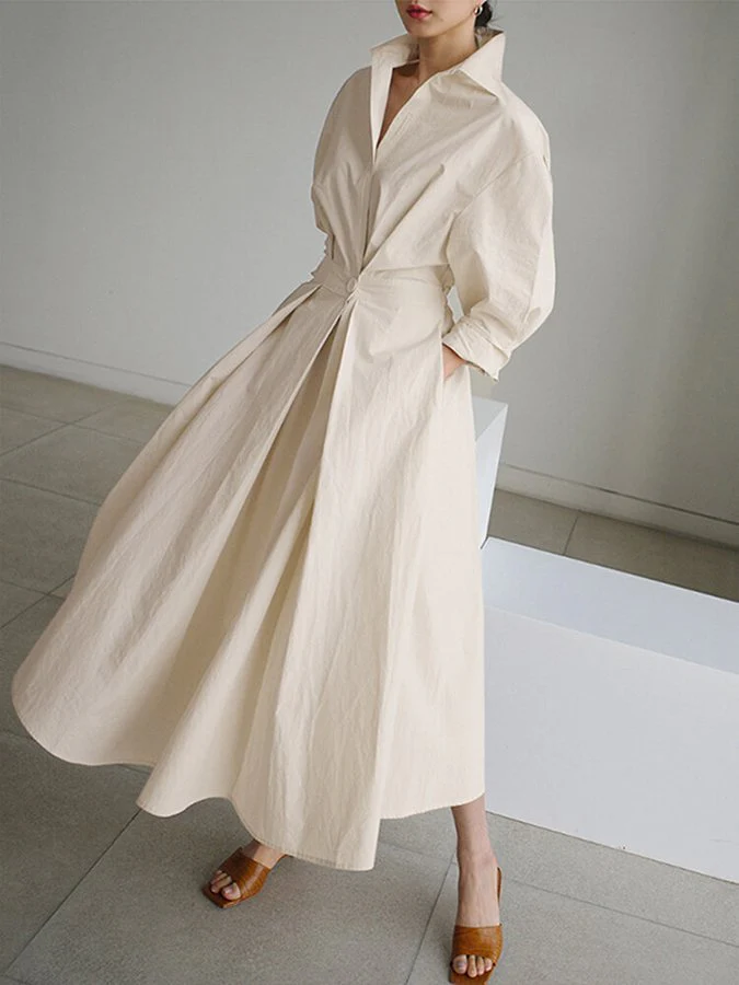 Women's Midi Dress – A-Line – Long Sleeves – V-Neck – Fitted – Lightweight Fabric - Image 2