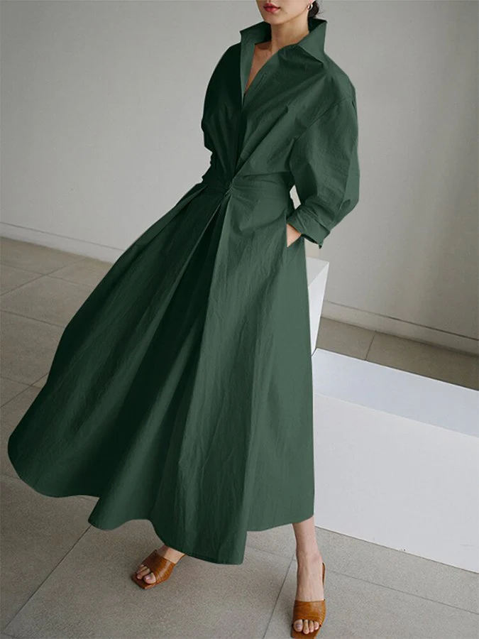Women's Midi Dress – A-Line – Long Sleeves – V-Neck – Fitted – Lightweight Fabric - Image 8