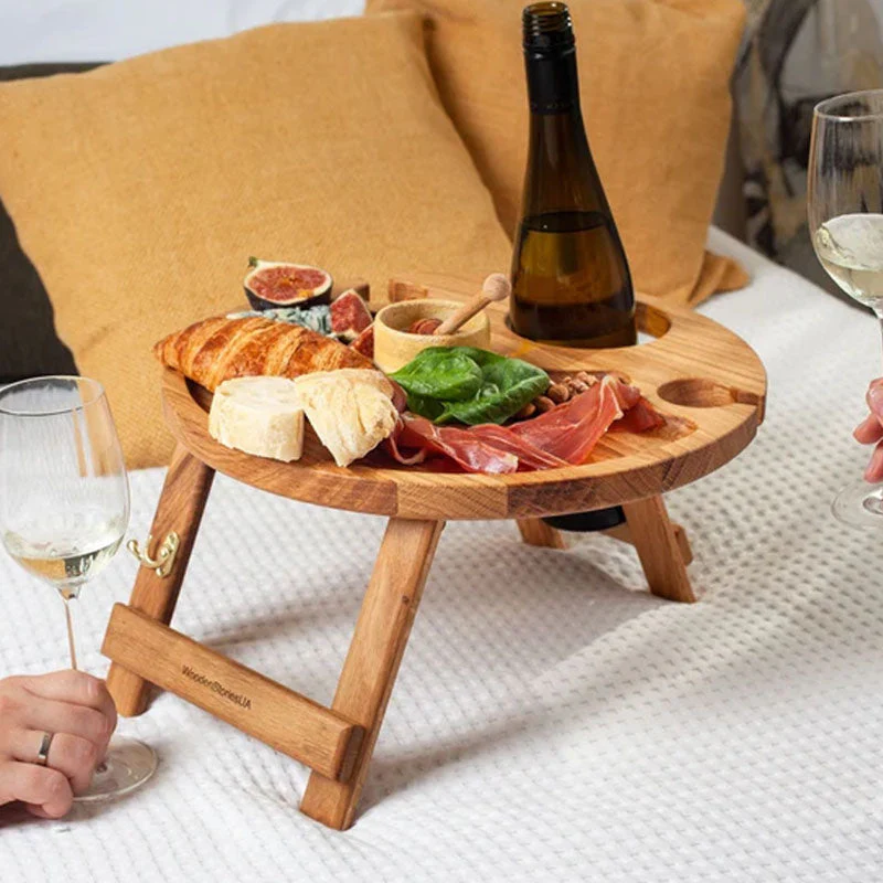 Foldable Oak Wood Table with Wine and Glass Holders - Image 2