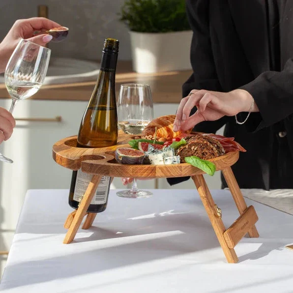 Foldable Oak Wood Table with Wine and Glass Holders - Image 3