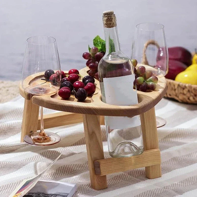 Foldable Oak Wood Table with Wine and Glass Holders - Image 4