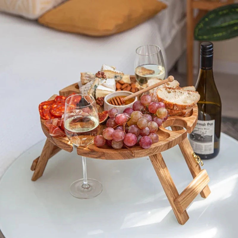 Foldable Oak Wood Table with Wine and Glass Holders - Image 5