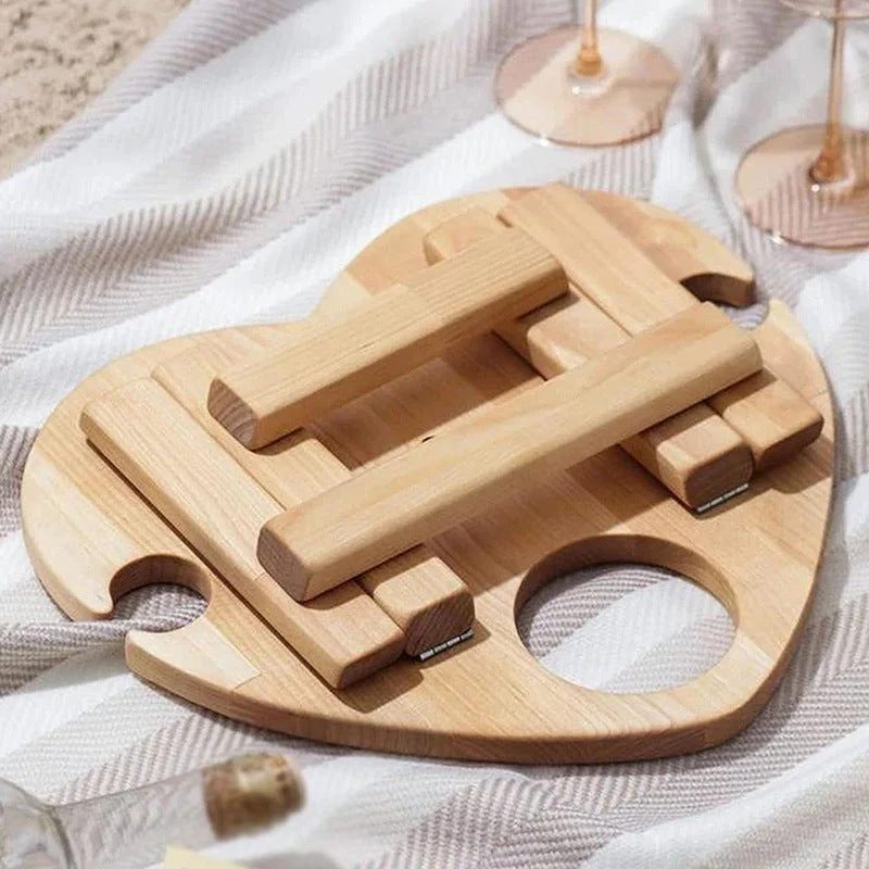 Foldable Oak Wood Table with Wine and Glass Holders - Image 7