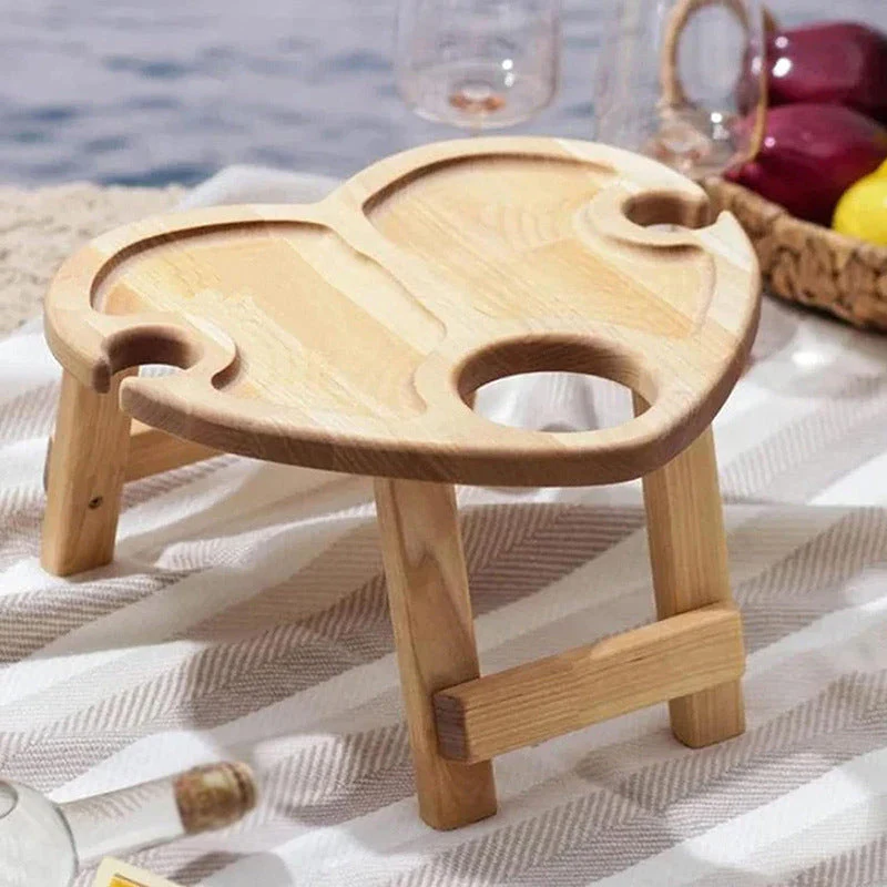 Foldable Oak Wood Table with Wine and Glass Holders - Image 8