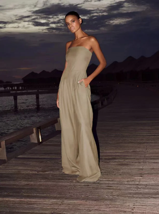 Ladies Jumpsuit - Strapless - Floor-Length Wide Legs - Elegant Flowy Fit - Image 4