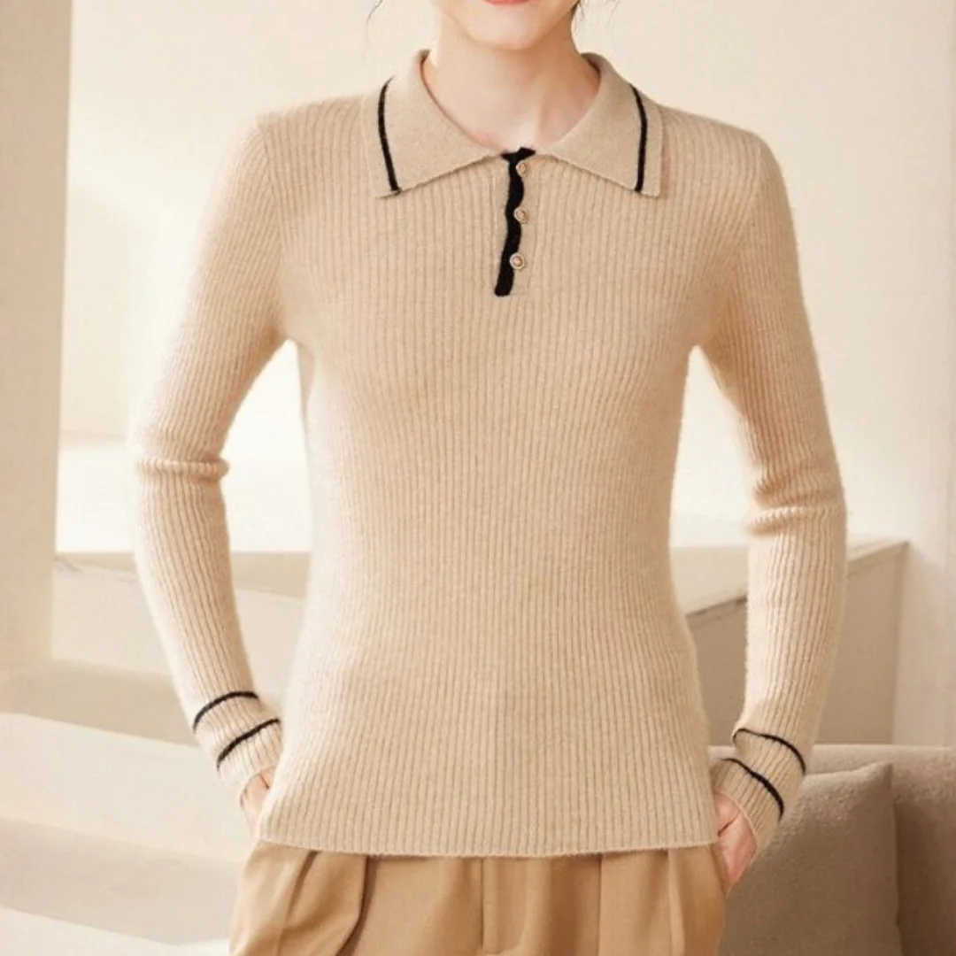 Olivia Slim Fit Polo Sweater | Collared Ribbed Button Placket Sweater - Image 3