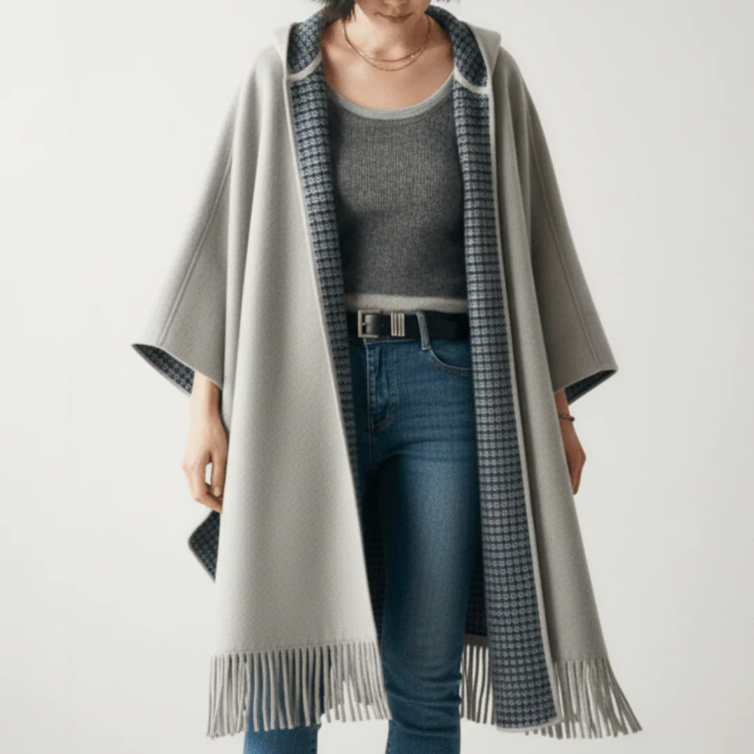 Olivia Oversized Cape | Hooded Patterned Trim Cape - Image 2