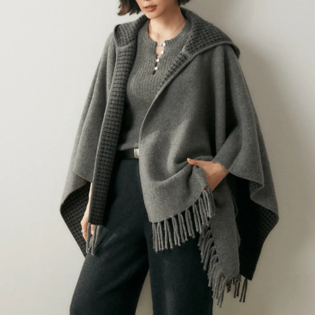 Olivia Oversized Cape | Hooded Patterned Trim Cape - Image 4