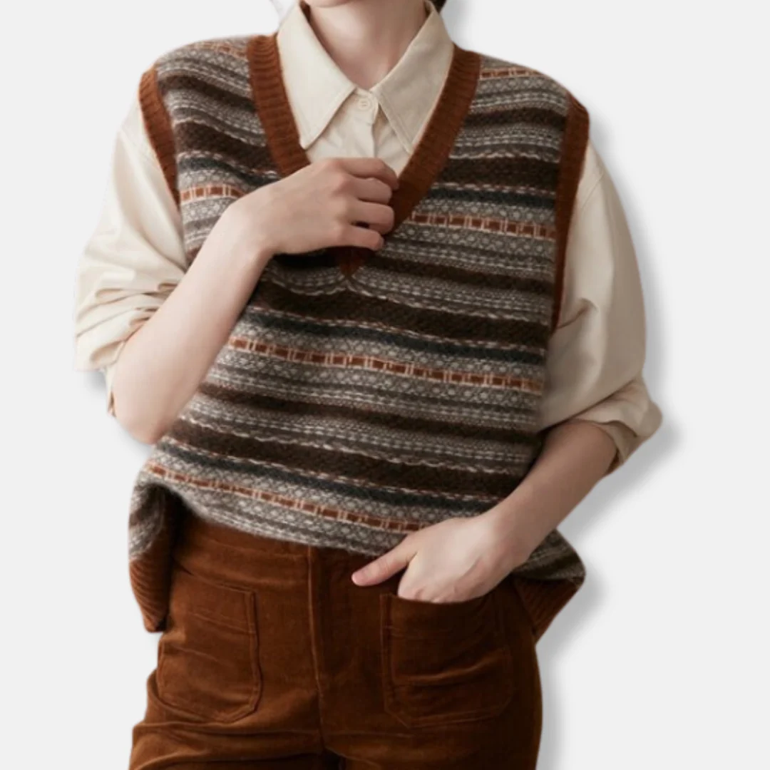Olivia Relaxed Fit Vest | Fair Isle Ribbed Trim Vest - Image 2