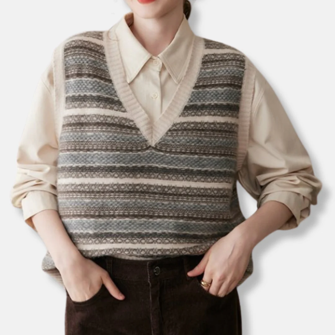Olivia Relaxed Fit Vest | Fair Isle Ribbed Trim Vest - Image 3