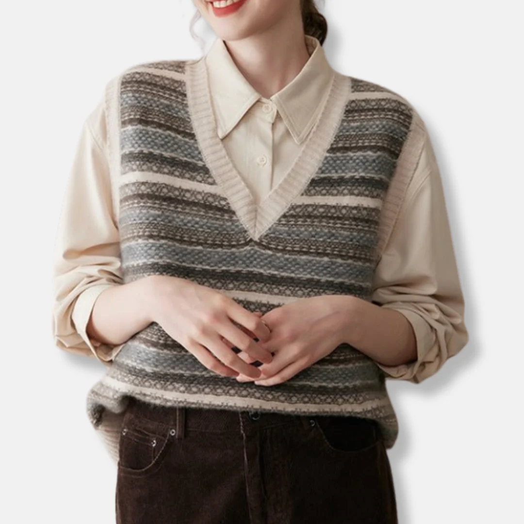 Olivia Relaxed Fit Vest | Fair Isle Ribbed Trim Vest - Image 4