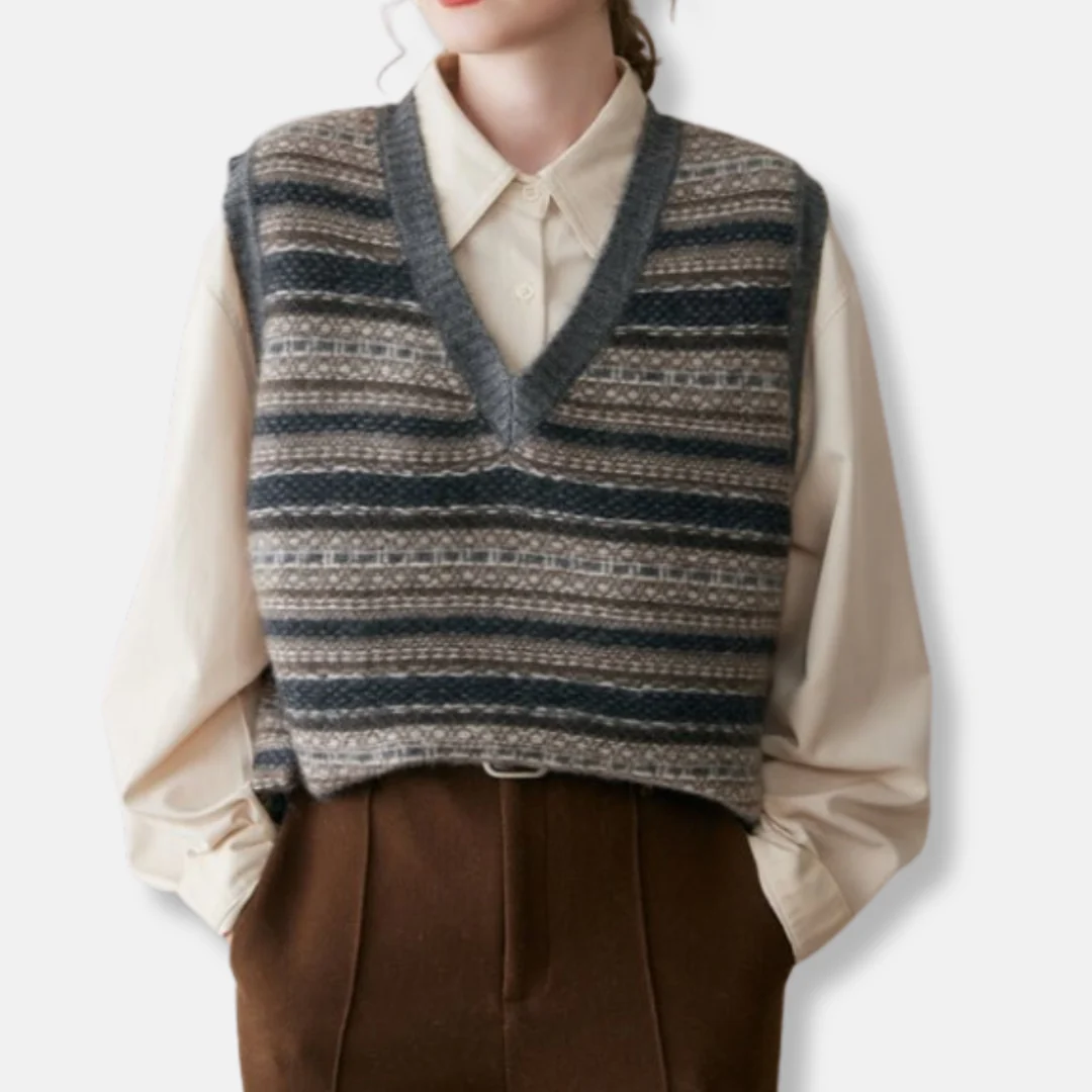 Olivia Relaxed Fit Vest | Fair Isle Ribbed Trim Vest - Image 5
