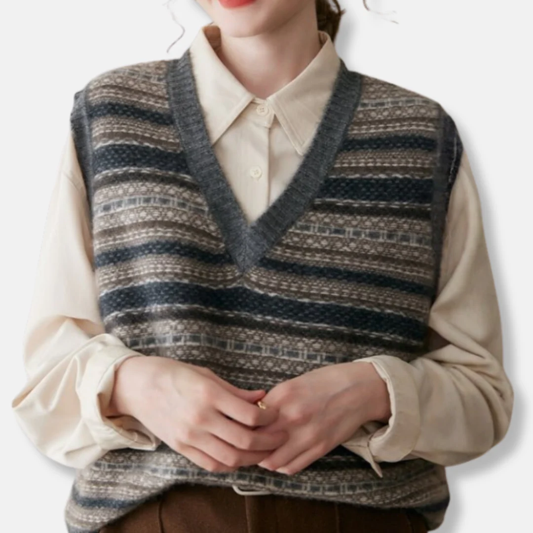 Olivia Relaxed Fit Vest | Fair Isle Ribbed Trim Vest - Image 6